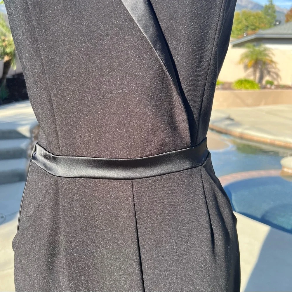 XOXO Black Tuxedo Jumpsuit Satin Lapel Sleeveless Evening Chic - Picture 7 of 17